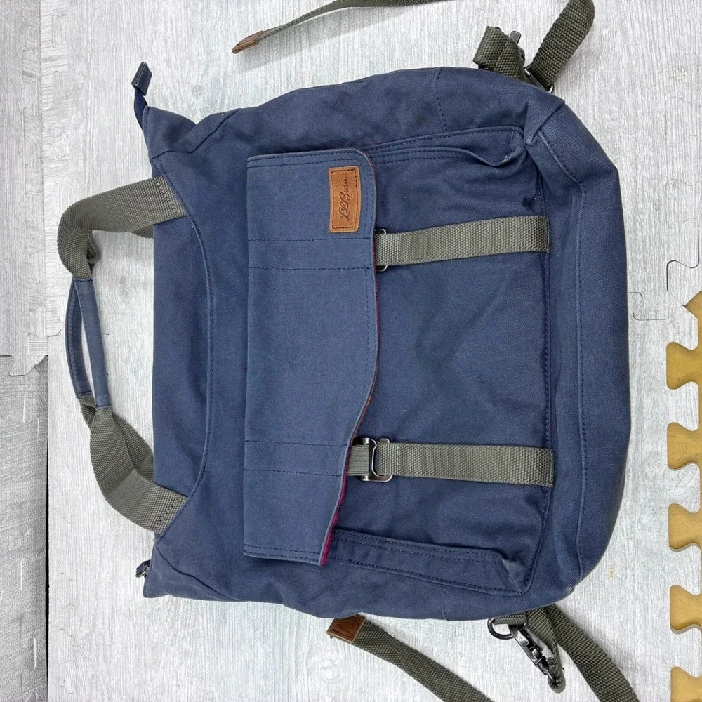 L.L. Bean Convertible Backpack Tote Bag Navy Blue Cotton Canvas Plaid 302477